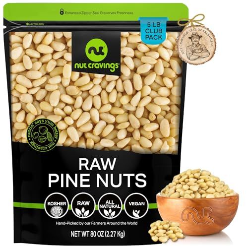 NUT CRAVINGS - Raw Pine Nuts Pignolias, Unsalted, Shelled, (80oz - 5 LB) Bulk Nuts Packed Fresh in Resealable Bag - Kosher Healthy Snack, Natural Keto Vegan - Ideal for Trail Mixed Nuts