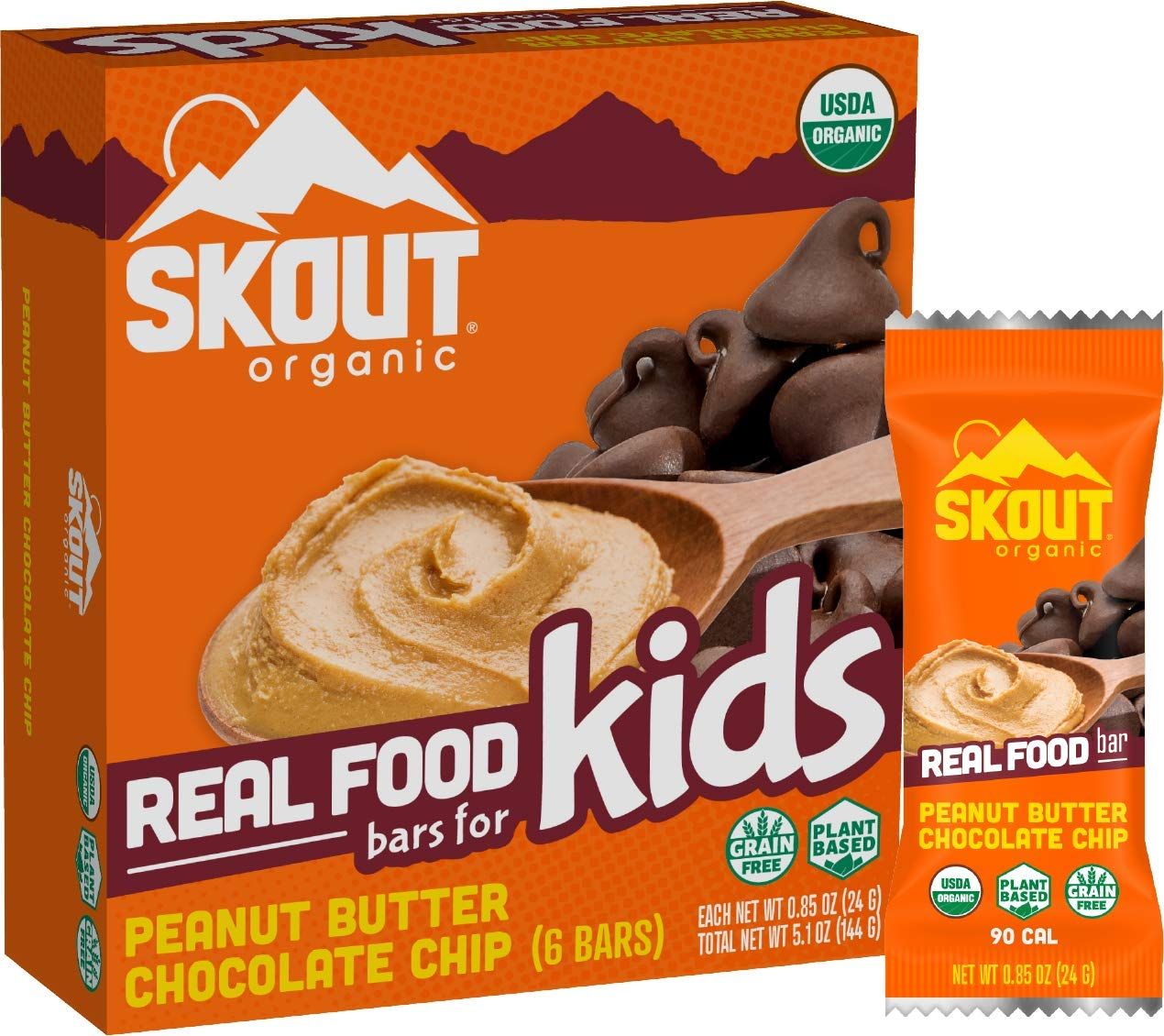 Skout Organic Peanut Butter Chocolate Chip Real Food Bars for Kids (6 Pack)  Organic Snacks for Kids  Plant-Based Nutrition,  Vegan  Gluten, Dairy, Grain &amp; Soy Free