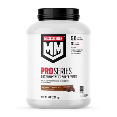 Muscle Milk Pro Series Protein Powder Supplement, Knockout Chocolate, 5 Pound, 28 Servings, 50g Protein, 3g Sugar, 20 Vitamins &amp; Minerals, NSF Certified for Sport, Workout Recovery