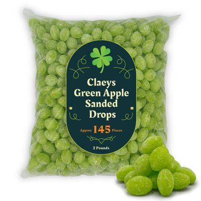 Claeys Green Apple Sanded Drops 2LB Approx 145 Hard Candy Drops - St Patricks Day Green Snacks &amp; Treats, Bulk Candy Green Suckers - Hard Candy St Patricks Day Snacks for Kids &amp; Adults