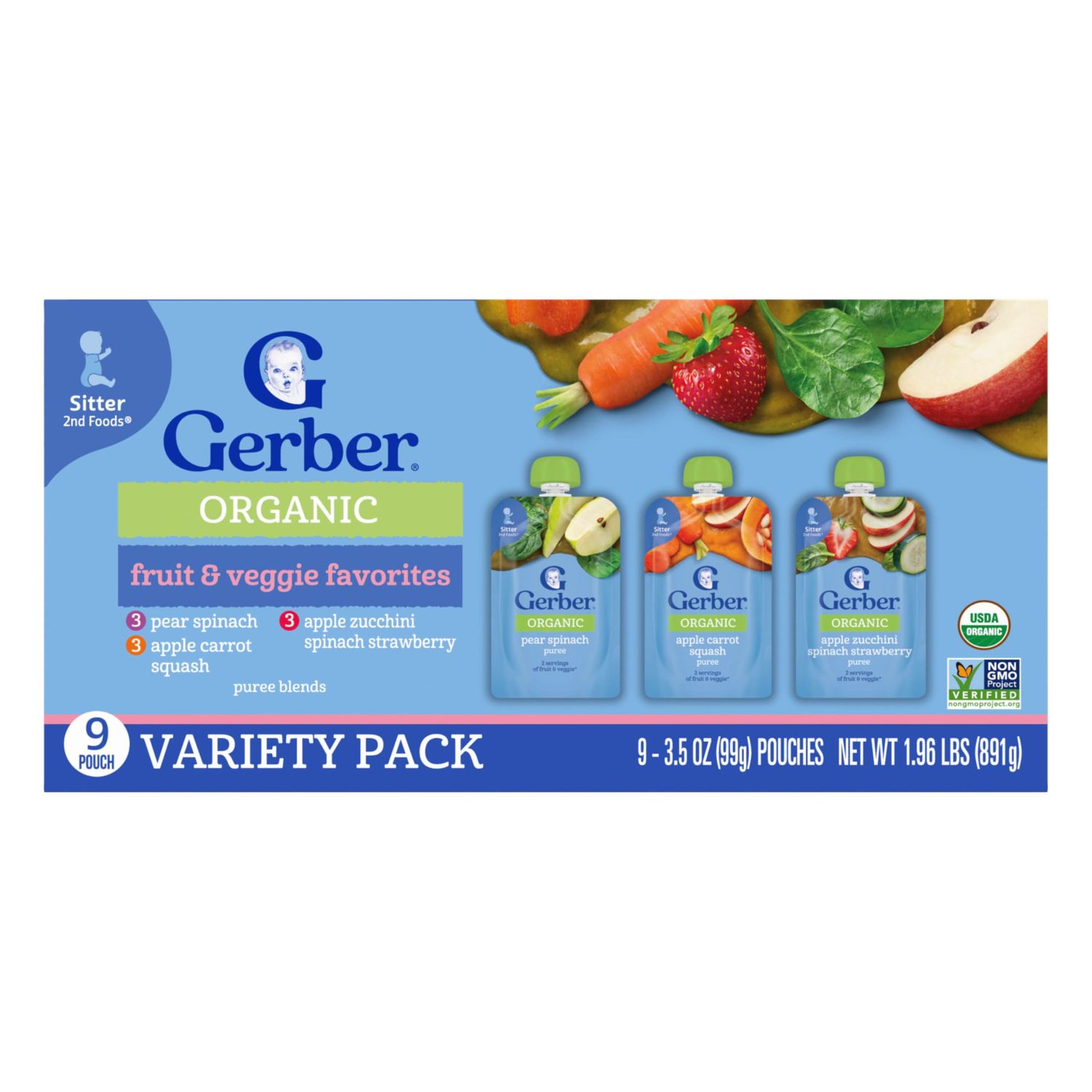 Gerber Stage 2 Baby Food, Organic Fruit and Veggie Favorites Puree Pouches Variety Pack, No Added Sweetener, Baby Food Pouches, 9-Pack
