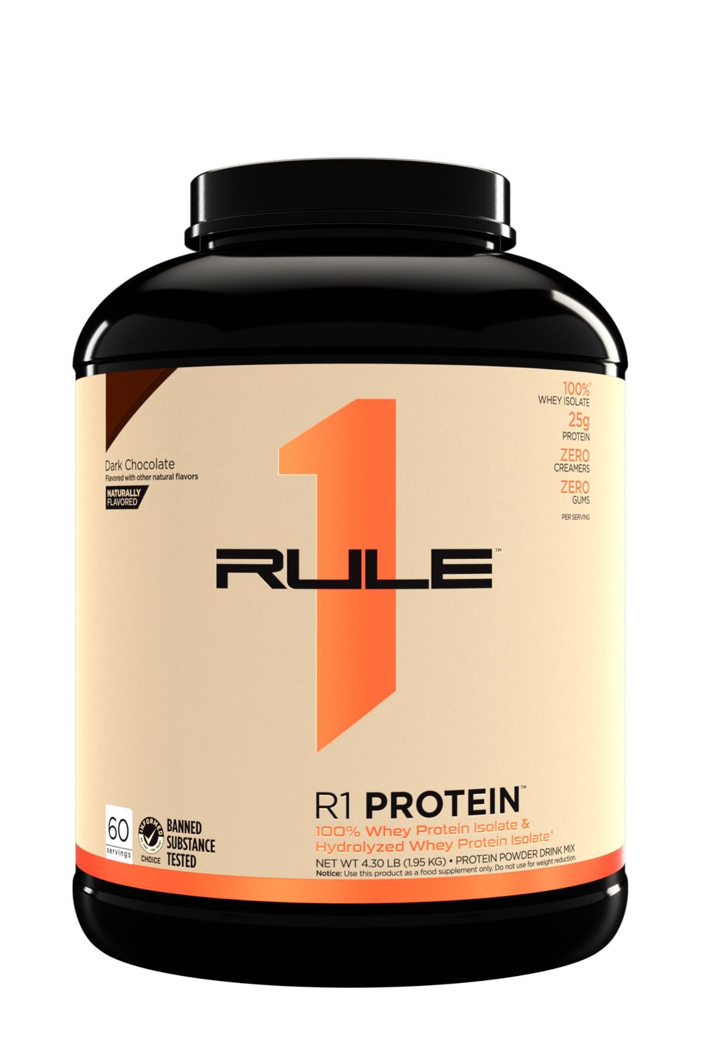 Rule One Proteins Naturally Flavored R1 Protein - Pure Whey Isolate and Hydrolyzed Whey Isolate Protein Powder with Natural Flavors, 25g Protein, &amp; 6g BCAAs Per Serving (4.3 Pounds, Dark Chocolate)