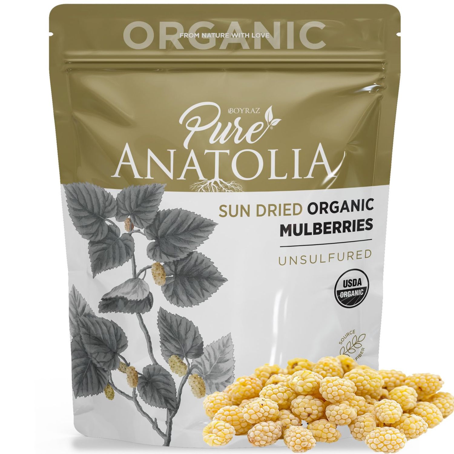 100% Organic Sun Dried White Mulberries by Pure Anatolia - Non GMO, No Sugar Added, Sulfur Free, Healthy Whole Fruit Fiber Snacks - 5 oz Resealable Packs