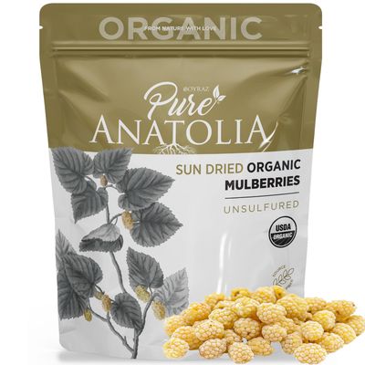 100% Organic Sun Dried White Mulberries by Pure Anatolia - Non GMO, No Sugar Added, Sulfur Free, Healthy Whole Fruit Fiber Snacks - 5 oz Resealable Packs