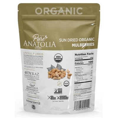 100% Organic Sun Dried White Mulberries by Pure Anatolia - Non GMO, No Sugar Added, Sulfur Free, Healthy Whole Fruit Fiber Snacks - 5 oz Resealable Packs