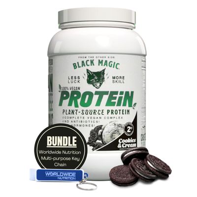 Worldwide Nutrition Bundle Compatible with Black Magic Multi-Source Protein Powder - Vegan Cookies and Cream  High Protein Powder, Low Carb, Low Sugar  Whey, Egg &amp; Casein Blend - 2 LB with Keychain