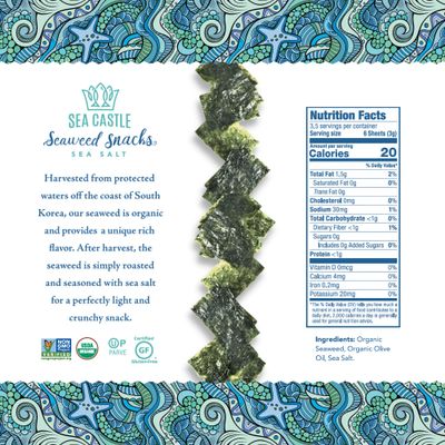 Sea Castle Organic Roasted Seaweed Snack with Sea Salt .35 Oz. (6 Pack) Gluten Free, Keto Friendly, Non GMO Verified, Kosher