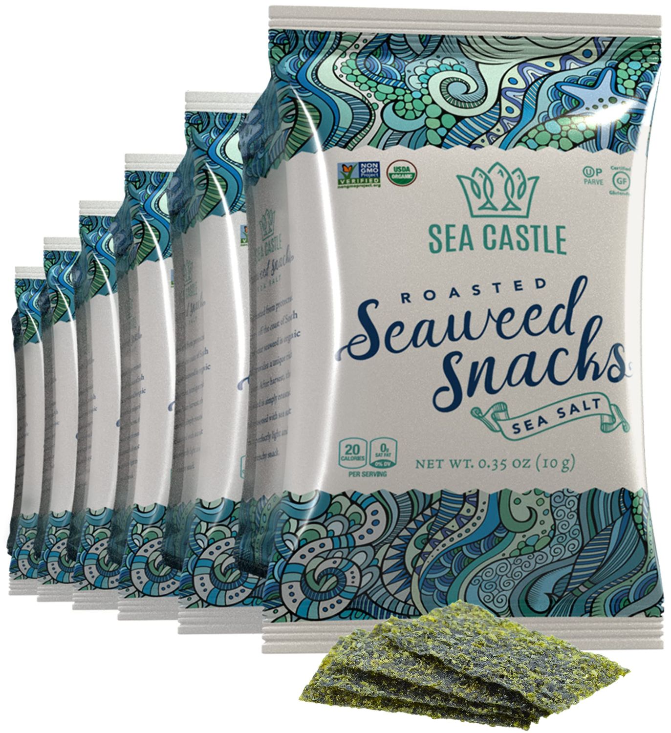 Sea Castle Organic Roasted Seaweed Snack with Sea Salt .35 Oz. (6 Pack) Gluten Free, Keto Friendly, Non GMO Verified, Kosher