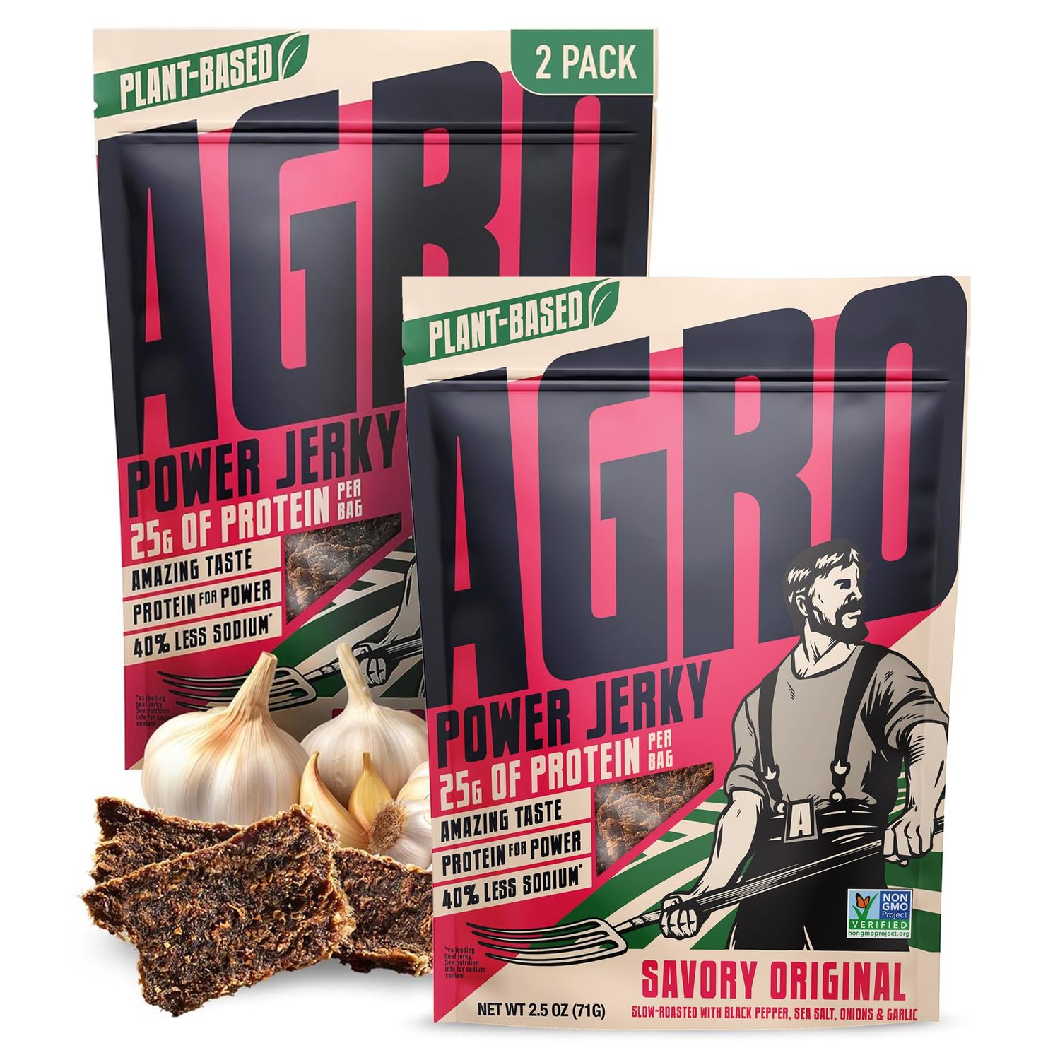 AGRO POWER Vegan Jerky - Savory Original Flavor - Delicious, Non-GMO Certified Vegetarian Jerky with 25 Grams of Plant-Based Protein and 40% Less Sodium. High Protein Vegan Snacks - 2 Pack Set