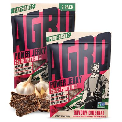 AGRO POWER Vegan Jerky - Savory Original Flavor - Delicious, Non-GMO Certified Vegetarian Jerky with 25 Grams of Plant-Based Protein and 40% Less Sodium. High Protein Vegan Snacks - 2 Pack Set