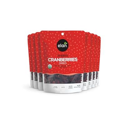 Elan Organic Dried Cranberries, Whole Dried Cranberries, No Sulphites, No Fat, Non-GMO, Vegan, Gluten-Free, Kosher, Dried Fruits, Healthy Snacks, 8 pack of 6.2 oz