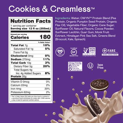 OWYN 100% Vegan Plant-Based Protein Shake, Cookies & Creamless, 4 Pack, with 20g Plant Protein, Omega-3, Prebiotic Supplements, Superfoods Greens Blend, Gluten-Free, Soy-Free, Non-GMO