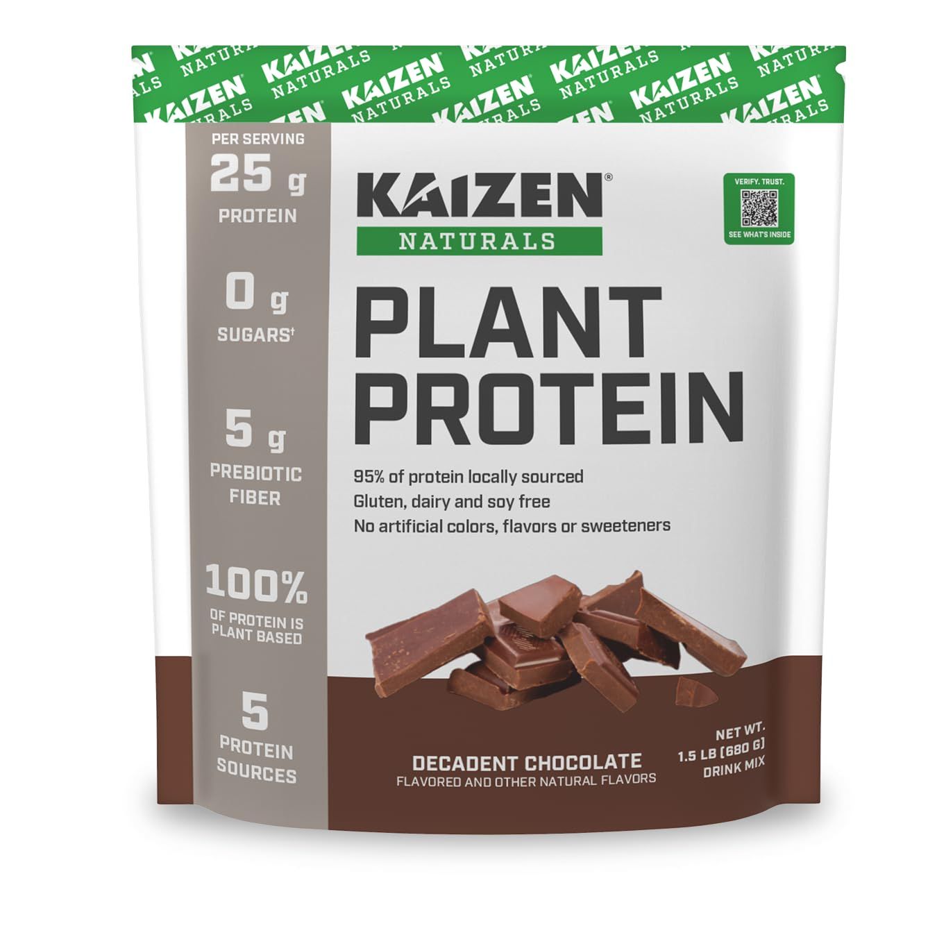 Kaizen Naturals Plant Protein  Chocolate  25g Protein Clean  See The Test Results  5 Proteins  No Artificial Ingredients  Dairy Free  Soy Free  Gluten Free  Non GMO  Vegan  1.5lb