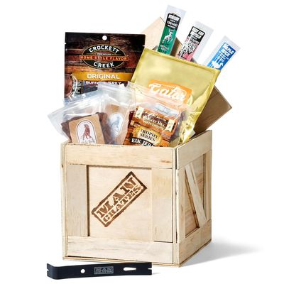 Man Crates, Exotic Meats Crate - Includes 6 Rare Jerky Flavors Like Venison, Alligator, Elk and Nut Snacks - Ships In A Sealed Wooden Crate With A Laser-Etched Crowbar