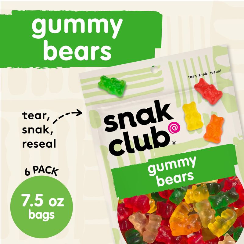 Snak Club Gummy Bears, Assorted Fruit Gummies, Bulk Candy, Fun Flavors Include Lemon, Orange, Strawberry, Apple, Pineapple, Gluten-Free Snacks, 7.5 oz Resealable Bags, 6 Pack