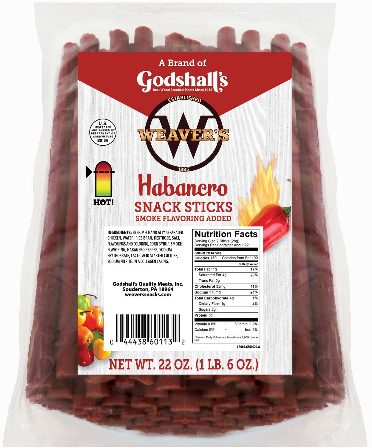 Weavers Habanero Snack Sticks (44 spicy 7&quot; beef and chicken snack sticks per 22oz bag)