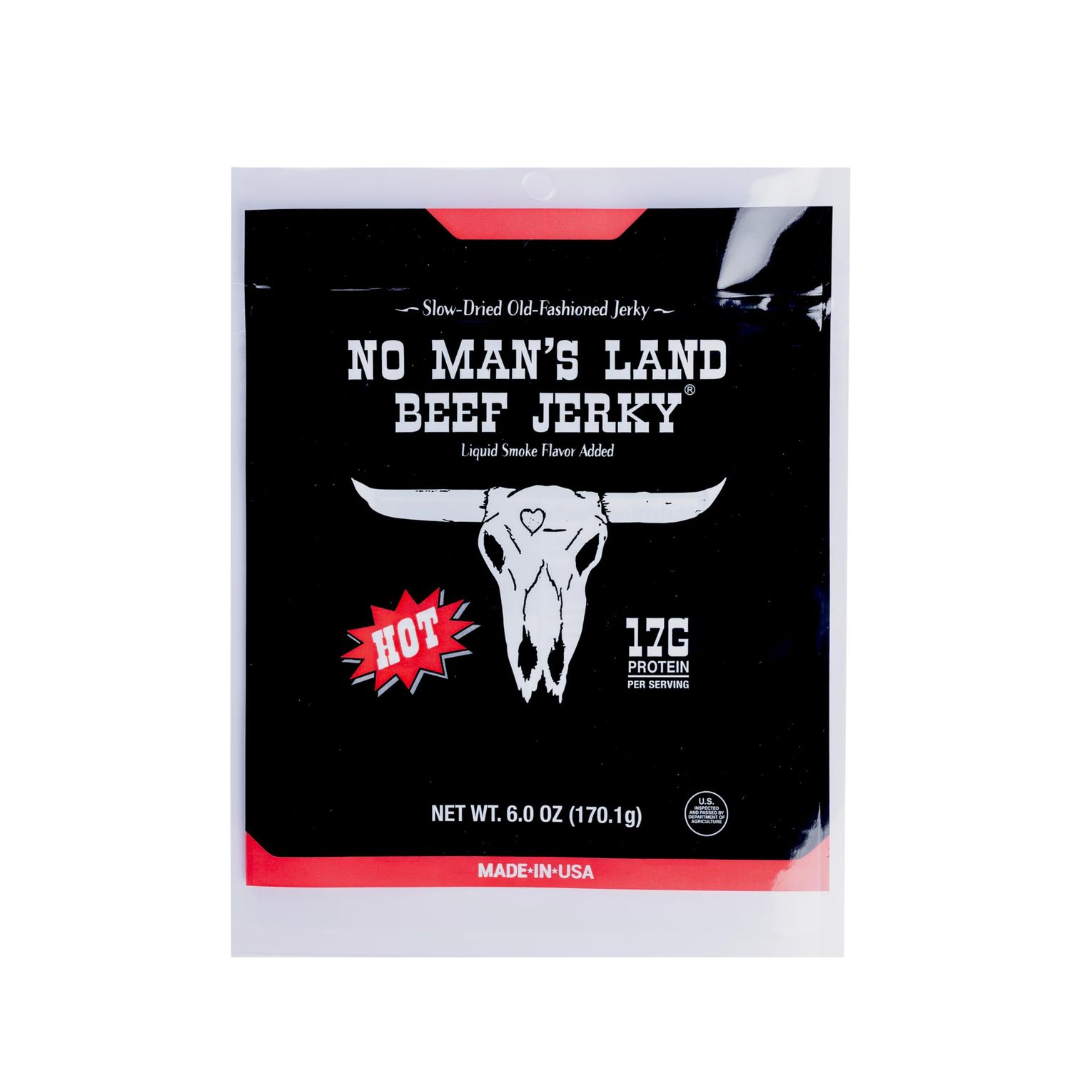No Mans Land Beef Jerky - Low Calorie, Low Carb, High Protein Beef Snack - Flavor HOT 6oz (Pack of 1)
