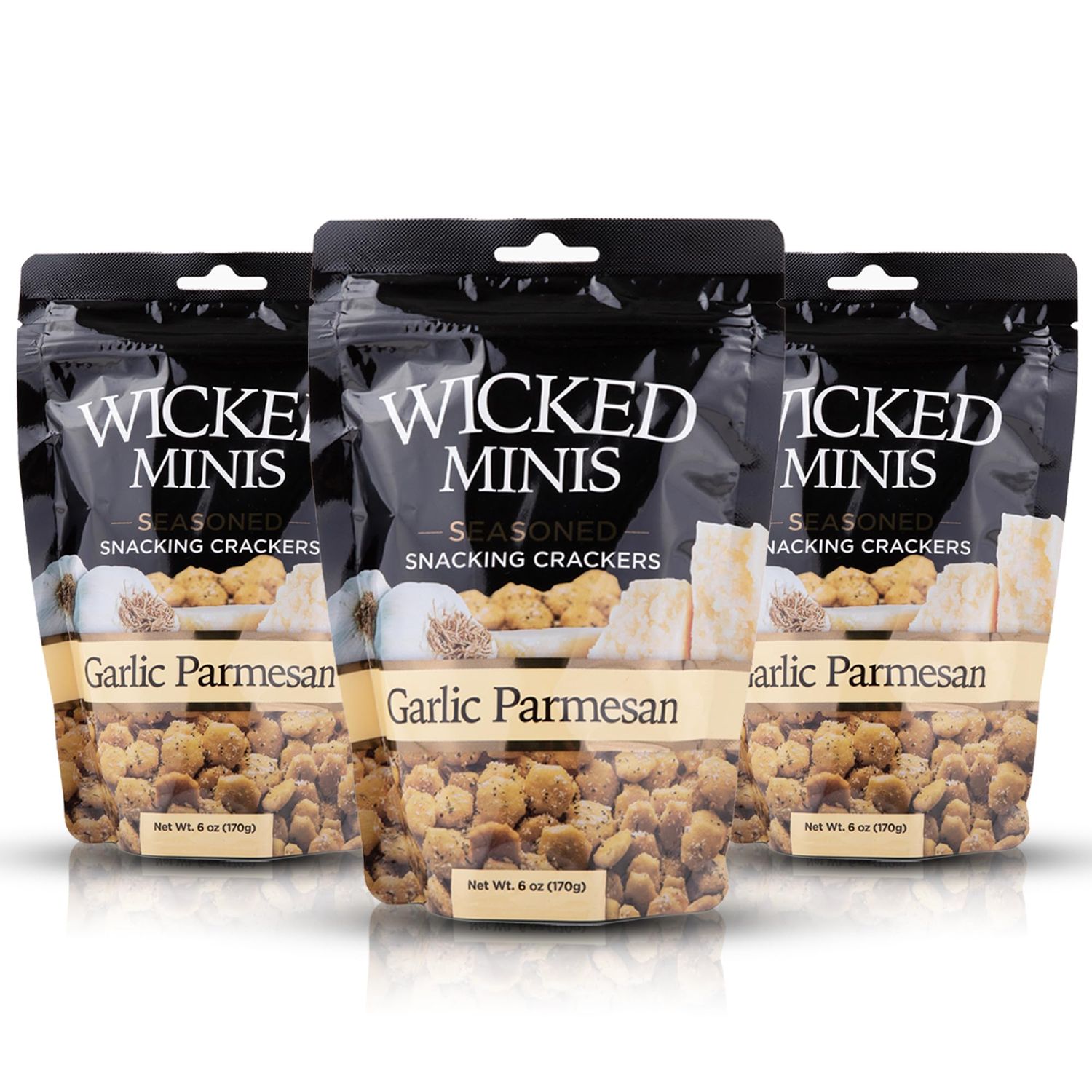 Wicked Minis Soup &amp; Oyster Crackers-Saltine Crackers Salted Flavored Mini Puffed Soup Crackers, Savory Snacking Mix Seasoned Croutons Salad Toppers, Crackers for Chili 6oz(Garlic Parmesan, Pack of 3)