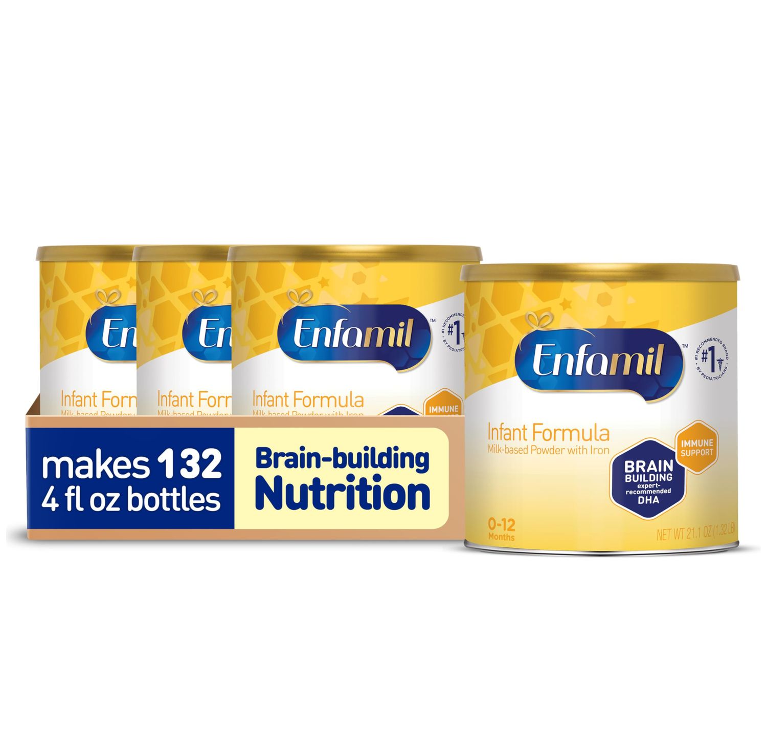 Enfamil Infant Formula, Milk-based Baby Formula with Iron, Omega-3 DHA &amp; Choline, Powder Can, 21.1 Oz (Pack of 4)