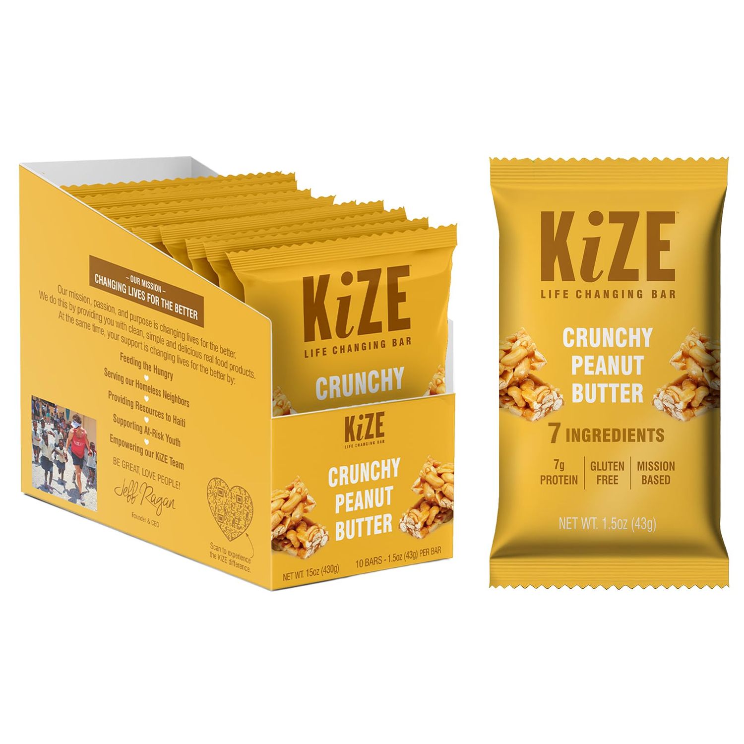 KiZE Energy Bar, Crunchy Peanut Butter, 7 Clean &amp; Simple Real Food Ingredients, 7g Protein, Gluten Free, Non-GMO, Soy Free, Mission Based, High Protein Snacks (10 Count)
