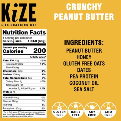KiZE Energy Bar, Crunchy Peanut Butter, 7 Clean & Simple Real Food Ingredients, 7g Protein, Gluten Free, Non-GMO, Soy Free, Mission Based, High Protein Snacks (10 Count)