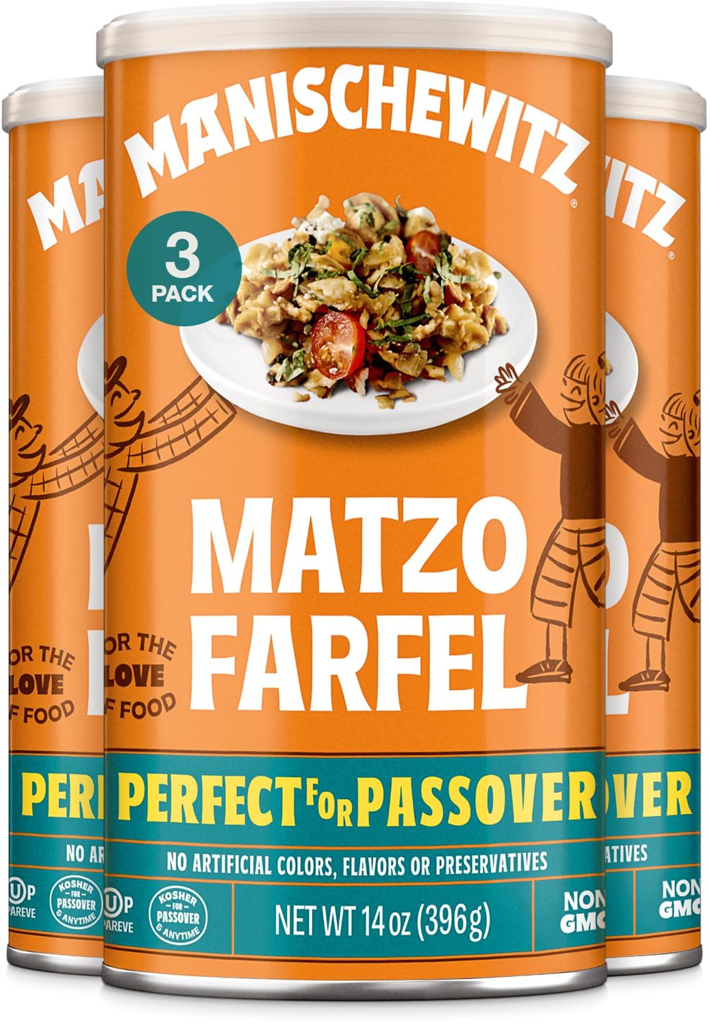 Manischewitz Matzo Farfel, 14oz (3 Pack) Resealable Canister, Sodium Free, No Artificial Colors or Flavors, Non GMO, Kosher For Passover &amp; Year Round