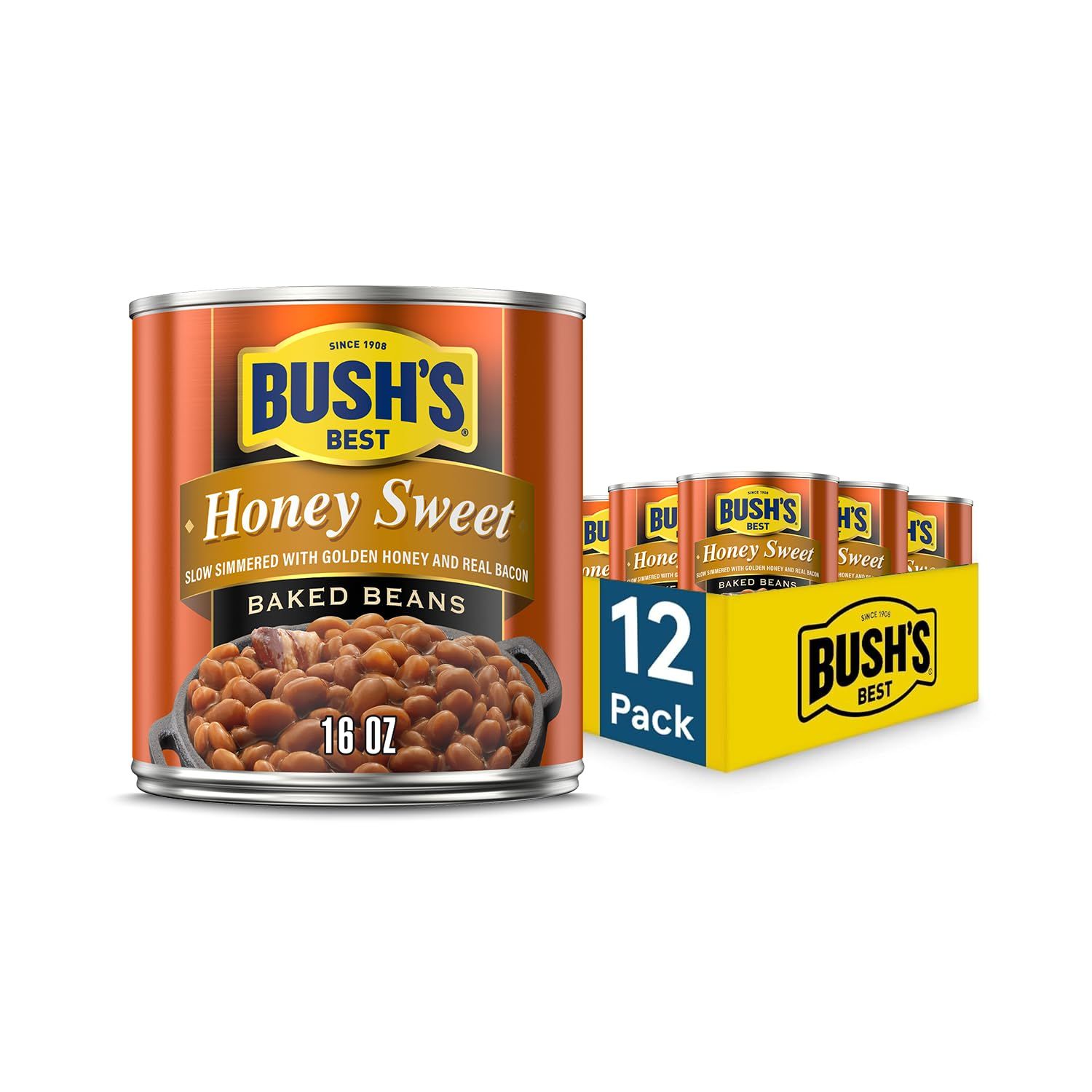 BUSH&#39;S BEST 16 oz Canned Honey Sweet Baked Beans, Source of Plant Based Protein and Fiber, Low Fat, Gluten Free, (Pack of 12)