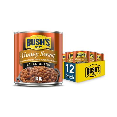 BUSH&#39;S BEST 16 oz Canned Honey Sweet Baked Beans, Source of Plant Based Protein and Fiber, Low Fat, Gluten Free, (Pack of 12)