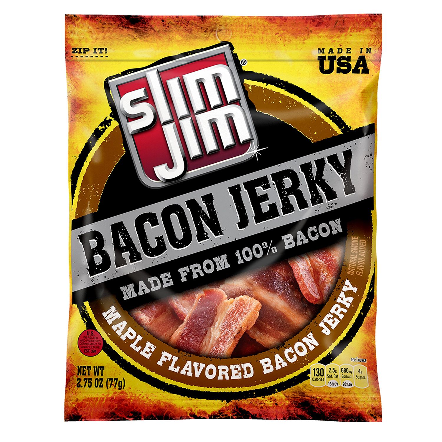 Slim Jim Bacon Jerky, Maple Flavor Meat Snacks, Easy, On-the-Go School, Work and Travel Snacks, 2.75 OZ Bag