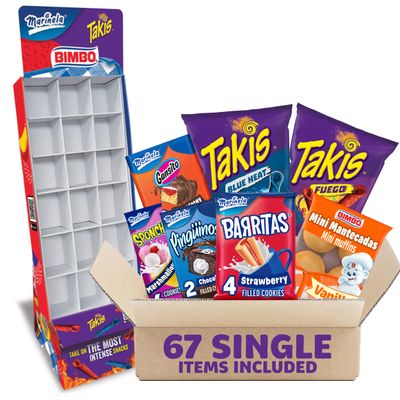 Bimbo, Marinela &amp; Takis Display Shipper, 67 Variety Pack - Easy Assembly Bimbo Snack Rack with Snacks from Mexico - Ideal for Business Owners, Offices, and Parties