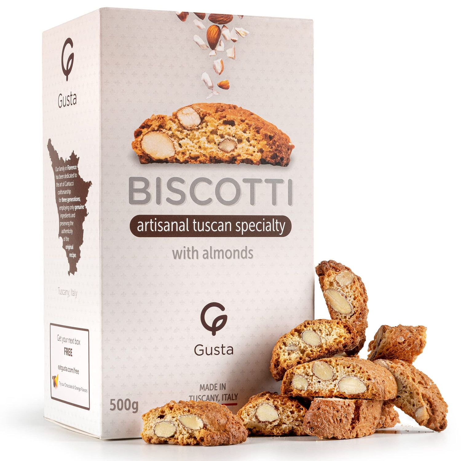 Gusta Authentic Biscotti Cookies Made in Tuscany, Italy - Classic Almond - Original Two Bites Size - All Natural Ingredients - Fresh &amp; Genuine Italian Dessert Treats - 17.64oz