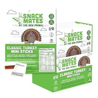 New Primal Snack Mates Turkey Sticks, Gluten Free Healthy Snacks for Kids, Low Sugar High Protein Back to School Snacks, Mini Paleo Jerky Meat Stick, 7g Protein, 45 Calories, 40 Pack