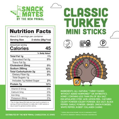 New Primal Snack Mates Turkey Sticks, Gluten Free Healthy Snacks for Kids, Low Sugar High Protein Back to School Snacks, Mini Paleo Jerky Meat Stick, 7g Protein, 45 Calories, 40 Pack