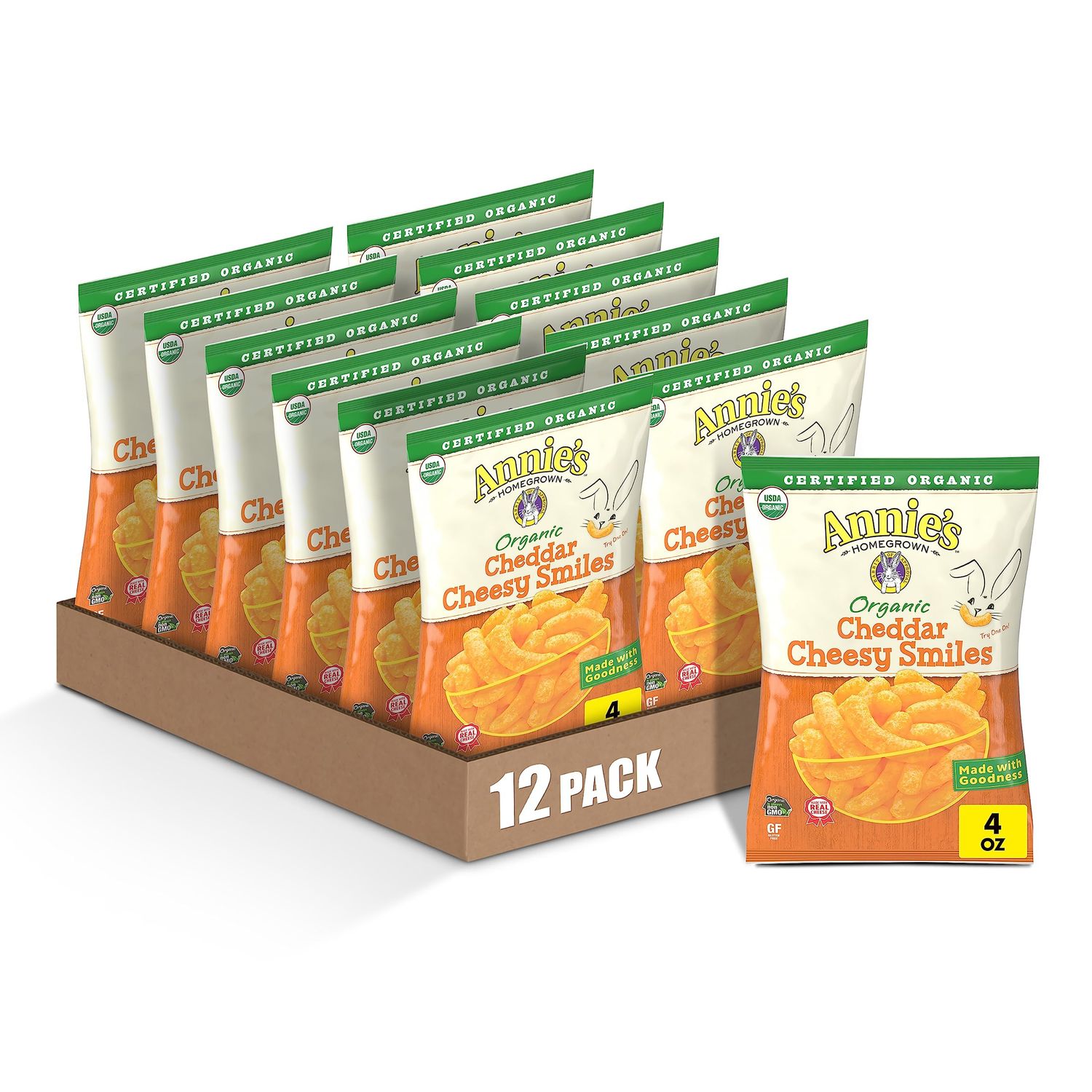 Annie&#39;s Organic Cheddar Cheesy Smiles, Baked Corn Puffs, Gluten Free, 4 oz (Pack of 12)