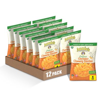 Annie&#39;s Organic Cheddar Cheesy Smiles, Baked Corn Puffs, Gluten Free, 4 oz (Pack of 12)