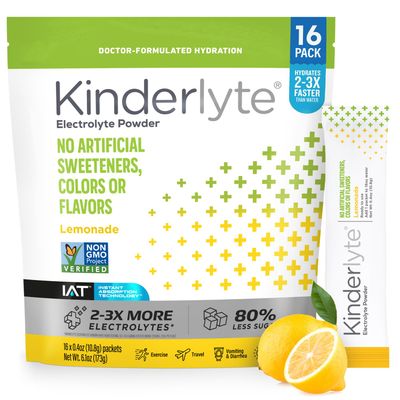 Kinderlyte Electrolyte Powder Drink Mix, Hydration Packets, No Artificial Sweeteners or Flavors, No Synthetic Dyes, Vegan, Non-GMO, Gluten Free, for Kids and Adults, Lemonade (16 Count)