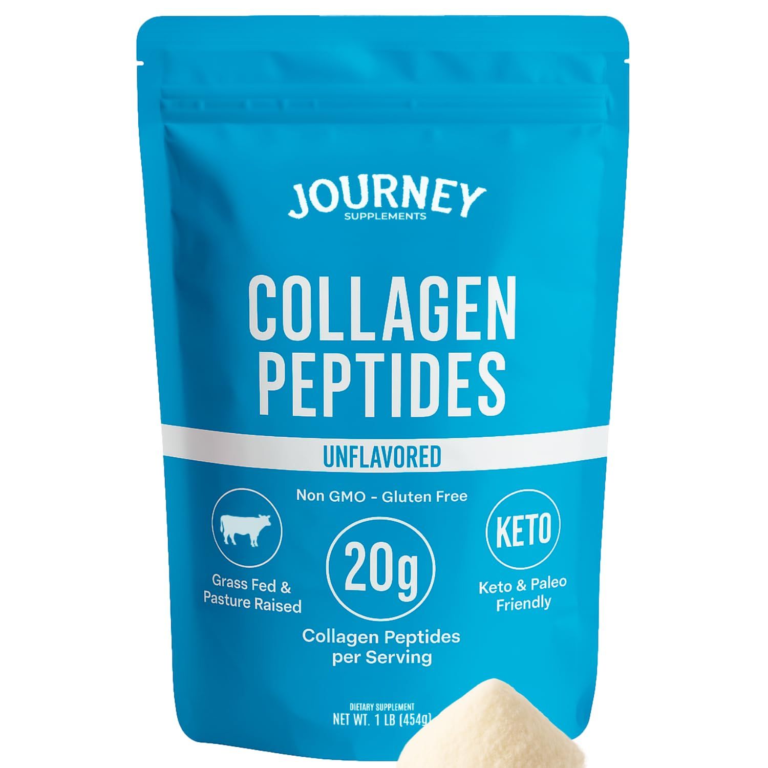 Journey Supplements Collagen Peptides Powder, Unflavored, 1 lb - Supports Hair, Skin, Nail, Bone &amp; Joint Health - Hydrolyzed, Grass-Fed, Gluten-Free, Keto-Friendly, Zero Sugar Protein Supplement.