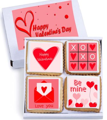 Happy Valentines Day Cookies Gift Basket, Decorated Vanilla Sugar Cookie Greeting Card, Unique Cool Food Gift Box, For Him, Her, Boy, Girl, Friend,Spouse, Wife, 4 Count