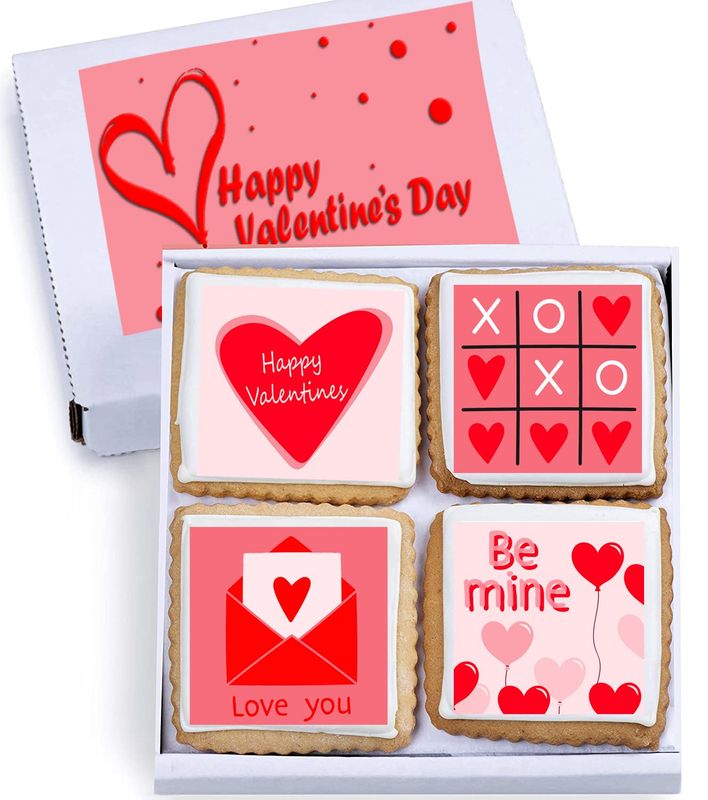 Happy Valentines Day Cookies Gift Basket, Decorated Vanilla Sugar Cookie Greeting Card, Unique Cool Food Gift Box, For Him, Her, Boy, Girl, Friend,Spouse, Wife, 4 Count