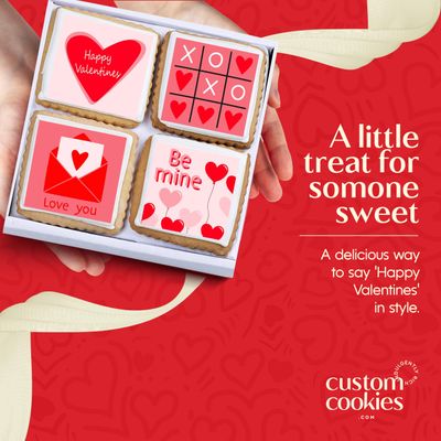Happy Valentines Day Cookies Gift Basket, Decorated Vanilla Sugar Cookie Greeting Card, Unique Cool Food Gift Box, For Him, Her, Boy, Girl, Friend,Spouse, Wife, 4 Count