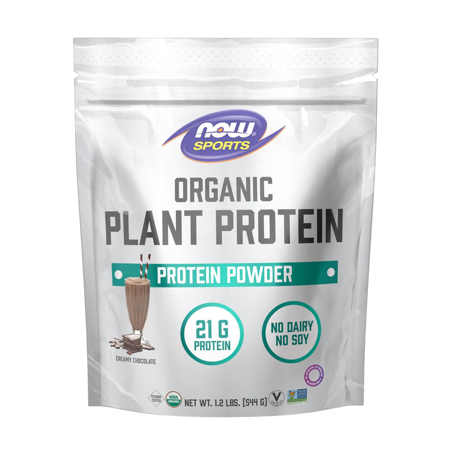 NOW Foods Sports Organic Plant Protein, Chocolate Flavor, Vegan Powder, 1 lb.
