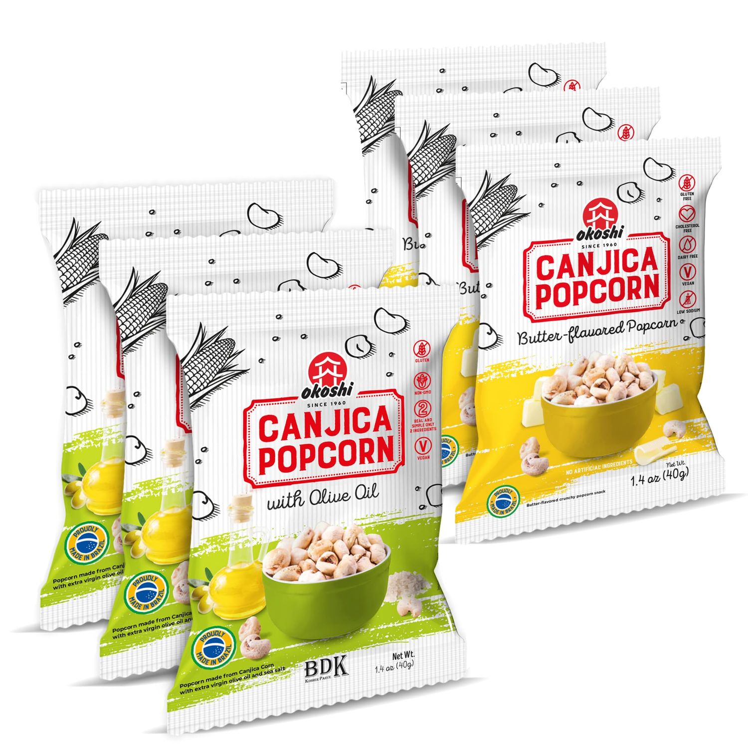 OKOSHI - Kit 6 Hominy Popcorn Snacks - Hominy Corn Light Popcorn, Healthy Snacks - High Fibers, Vegan, Kosher, Non-GMO - 3 Olive Oil  3 Buttered