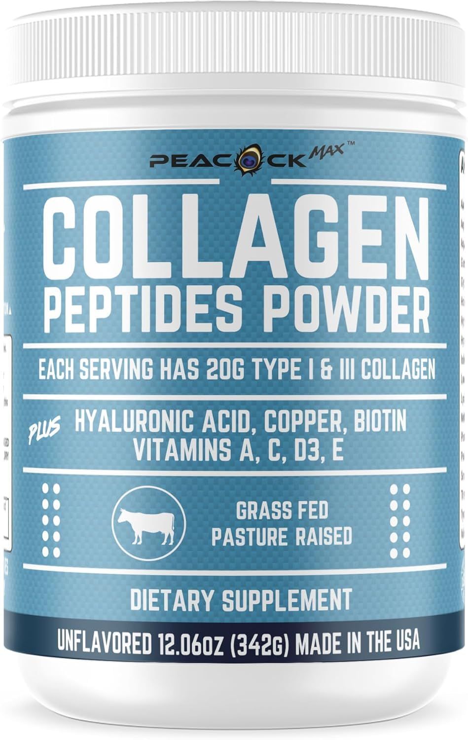 Peacock Max Multi Collagen Peptides Powder 12.06 oz - Unflavored Protein Powder, Hydrolyzed Collagen Peptides with Hyaluronic Acid, Copper, Biotin &amp; Multivitamin for Nail, Skin, Hair &amp; Gut Health