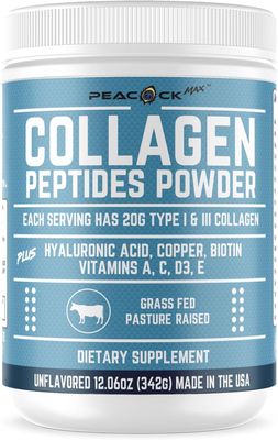 Peacock Max Multi Collagen Peptides Powder 12.06 oz - Unflavored Protein Powder, Hydrolyzed Collagen Peptides with Hyaluronic Acid, Copper, Biotin &amp; Multivitamin for Nail, Skin, Hair &amp; Gut Health