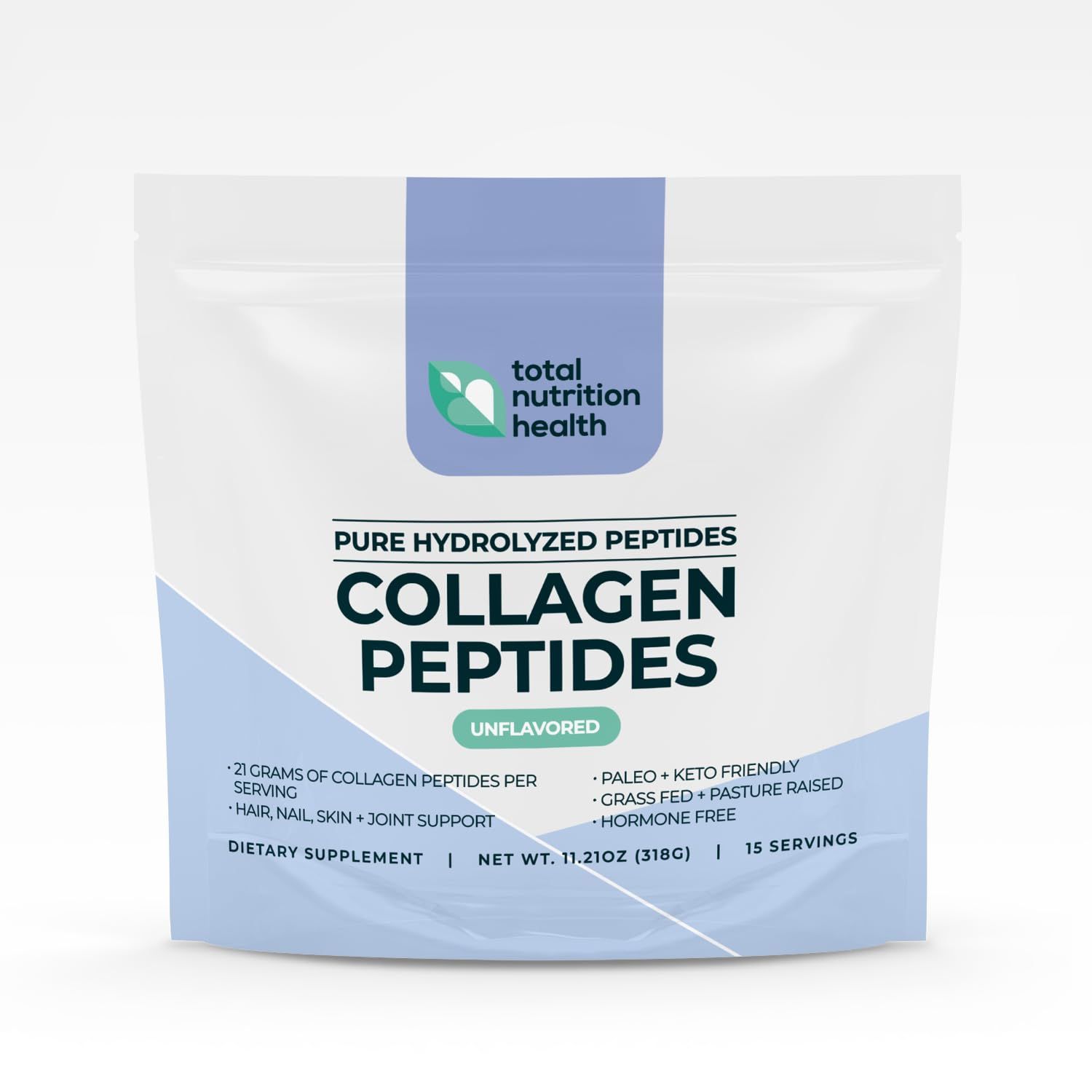 Total Nutrition Health Collagen Peptides Powder - 11oz Unflavored - Pure Grass Fed Collagen Protein with Vitamin C, B3, B6, B12, Biotin for Hair, Nails, Skin and Joint Support - Non-GMO, Sugar-Free