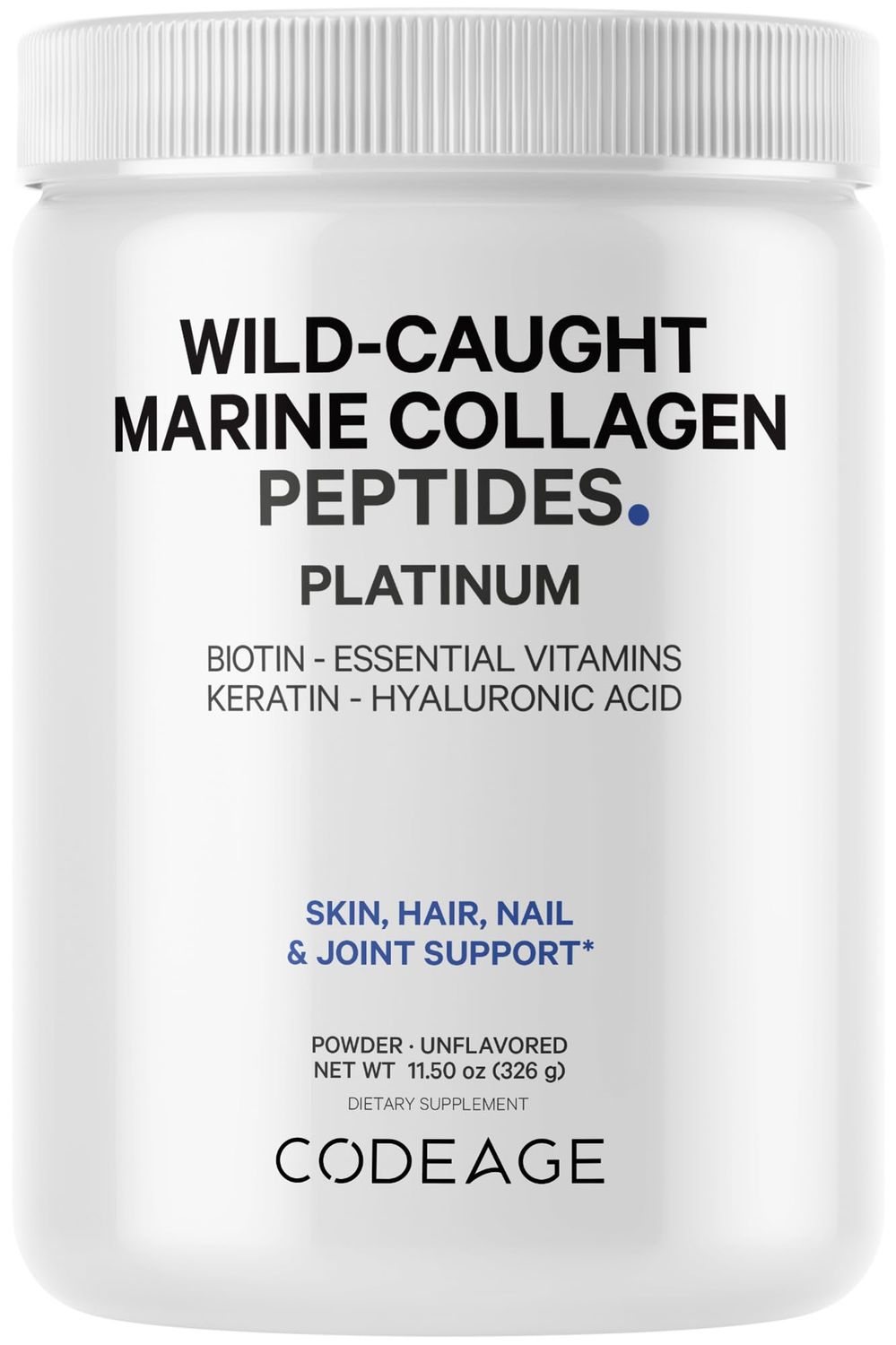 Codeage Marine Collagen Protein Powder Supplement Platinum - Biotin 10,000 mcg, Vitamin C, D3 &amp; B6, Keratin, Hyaluronic Acid, Niacin, Wild Caught Hydrolyzed Fish Collagen Peptides - Non-GMO - 11.50 oz