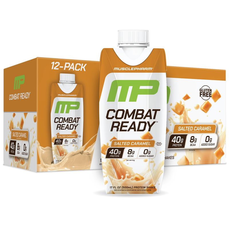 MusclePharm Combat Ready High Protein Shakes Ready to Drink, 40g Protein, 8g BCAAs, 8.7g Glutamine, 5g Fiber, No Added Sugar, Gluten Free, Salted Caramel, 17 Fl Oz (Pack of 12)
