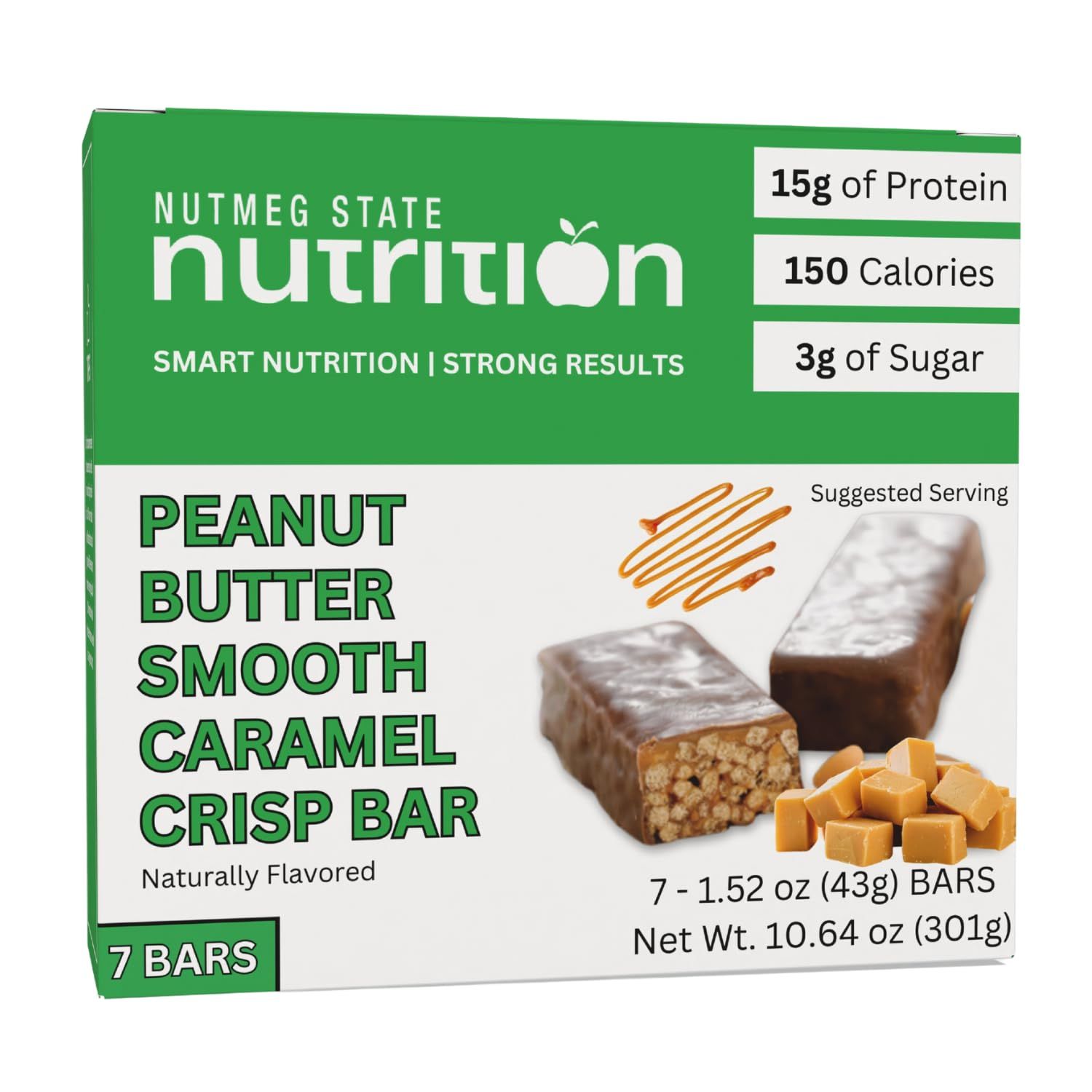 Nutmeg State Nutrition Breakfast Bar, High Protein Snack Bar, 15g Protein, Low Calorie, Low Sugar, 150 Calories, 7 Servings (Peanut Butter Smooth Caramel Crisp)