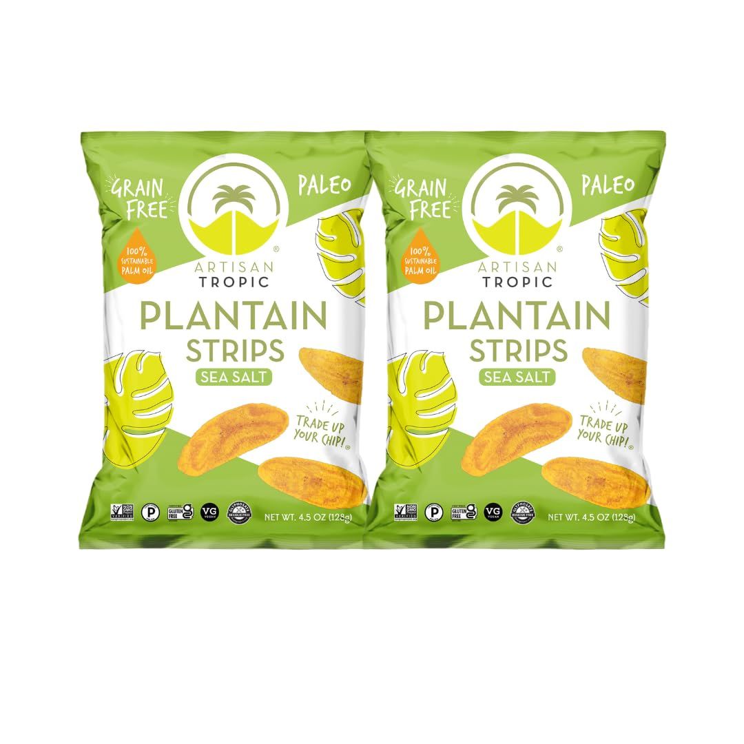 ARTISAN TROPIC Plantain Strips Sea Salt - 2 Pack, 4.5oz - Vegan, Paleo, Gluten Free Chips - Whole 30 Approved Foods Non-GMO Healthy Snack for Lunches, Dipping, Parties - Baked Banana Chips