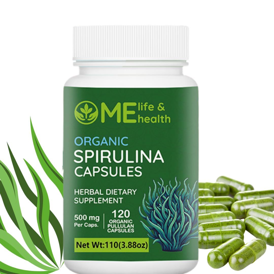ME LIFE &amp; HEALTH Spirulina Capsules, 100% Organic spirulina Powder (120 ct) 500mg Rich in Protein, vitamind A, B12 Antioxidants &amp; Vitamins, Vegan, Natural and Pure spirulina Non-GMO &amp; Gluten Free